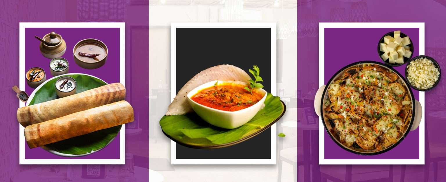 A South Indian breakfast spread with filter coffee